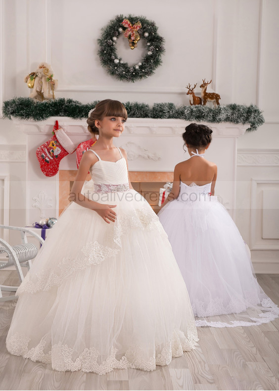 Spaghetti Straps Ivory Pleated Lace Tulle Floor Length Flower Girl Dress